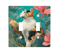 Tropical Cat Light Switch Cover Plate/Outlet Covers, Teal Green Floral Design for Home Decor, Thermoplastic Wall Plates, Standard Size Double Toggle