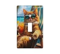 Tropical Cat Light Switch Cover Plates/Outlet Covers, Orange Feline Relaxing by the Beach, Thermoplastic Wall Plates, Standard Size Single Toggle