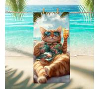 Tropical Cat Microfiber Beach Towel Ginger Tabby Kitty Vacation Towel, Quick Dry Absorbent Soft Sand Free Lightweight Bath Blanket, Pool Party Picnic Gym Travel Essentials 70x35 Inch