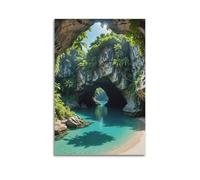Tropical Cave Blue Lake Rainforest Palm Stone Arch Nature Landscape Decorative Painting Canvas Wall Posters And Modern Family Bedroom Decor 12x18inch(30x45cm)