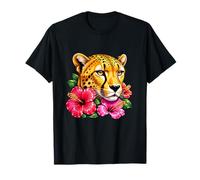 Tropical Cheetah Head with Bright Hibiscus Flowers T-Shirt