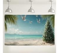 Tropical Christmas Beach Backdrop, Coastal Winter Wonderland Decor, Ocean Blue Photography Background for Holiday Parties and Events 71x43 Inch