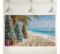 Tropical Christmas Tree Backdrop, Blue Ocean Beach Scene, Holiday Party Decorations, Indoor/Outdoor Photography Background for Winter Celebrations 71x43 Inch