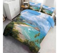 Tropical Coast Bedding Set, Vibrant Bay Landscape with Palm Trees & Mountain Views Design, Artistic Duvet Cover for Home Decor 220x240cm