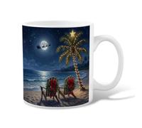 Tropical Coastal Christmas Beach Scene Palm Ceramic Coffee Mug 11oz | Tropical Coastal Theme, Coffee Cup, Serene Moonlight Ocean View, Festive Red Bow Accents, Cozy Winter Beverage Vessel