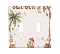Tropical Coastal Christmas Quote Palm Double Light Switch Cover Plate | Coastal Holiday Theme, Tropical Winter Decor, Surfboard Illustration, Gift Boxes And Shells, Warm Muted Color Palette