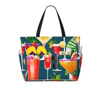 Tropical Cocktail Print Beach Tote Bag Waterproof Large Bags With Zipper Big Capacity For Vacation Travel