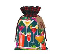 Tropical Cocktail Print Xmas Drawstring Gift Wrapping Bag For Christmas Festive Present Packaging Needs