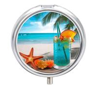 Tropical Cocktail with Starfish Pill Box Case 3 Compartment Travel Medicine Pill Organizer 3x A Day Portable Vitamin Organizer with Mirror Small Pillbox for Purse & Pocket Cute Daily Medicine Containe