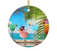 Tropical Cocktails Printing Christmas Tree Ceramic Hanging Ornament,Festive Baubles Adornment For Pathway Garden Patio