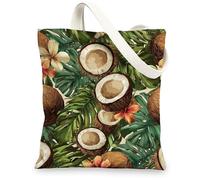 Tropical Coconut Canvas Tote Bag, Eco-Friendly Reusable Shopping Bags, Lightweight Green Shoulder Strap Bags, Green, 13x15 Inch