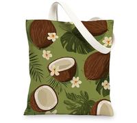 Tropical Coconut Canvas Tote Bag, Eco-Friendly Reusable Shopping Bags, Lightweight Green Shoulder Straps, Green, 13x15 Inch