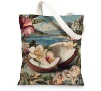 Tropical Coconut Canvas Tote Bag, Vintage Reusable Shopping Bags, Lightweight Floral Shoulder Strap Bags, Beige, 13x15 Inch