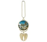 Tropical Coconut Trees Beach Hanging Car Charm with Angel Wings Metal Rear View Mirror Pendant Car Interior Decorative Accessories Decor Ornament Memorial Gifts for Women Men