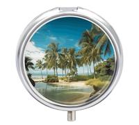 Tropical Coconut Trees Beach Pill Box Medicine Pill Organizer 3 Compartment Daily Pill Case Small Pill Container Round Pill Holder Travel Pill Box Metal Pill Case for Purse Pocket