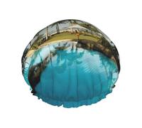 Tropical Coconut Trees Beach Shower Caps For Women, Elastic And Reusable Bath Caps, Double Waterproof Layers Shower Cap, Bathing Shower Caps