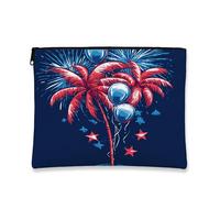 Tropical Cosmetic Bag, Fireworks & Balloons Stylish Travel Makeup Pouch for Women, Portable Canvas Zipper Organizer, 4th of July Summer Gift, blue, 7x9 Inch, Palm Trees