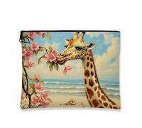 Tropical Cosmetic Makeup Bag, Exotic Coastal Art Travel Organizer for Women, Portable Small Canvas Zipper Pouch, Summer Gift Skincare Toiletry Bag, Beige, 7x9 Inch, Giraffe