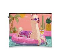 Tropical Cosmetic Travel Bag, Summer Pool Llama Pattern Canvas Zipper Pouch for Women, Skincare Makeup Organizer, Portable Small Toiletry Bag, Holiday Gift, Peach, 7x9 Inch, Llama