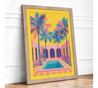 Tropical Courtyard Dreams Modern Framed Wall Art Print A4 (29.7×21cm) Oak, Wall Decor for Living Room, Bedroom, Office & Home, Ready to Hang, Art Gift