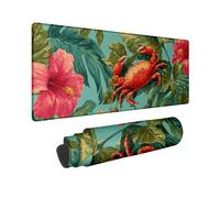 Tropical Crab Large Mouse Pad, Vibrant Red Crab with Hibiscus Flowers Non-Slip Mousepad, Rubber Washable Gaming Mouse Pad for Home and Office Use 12x32 Inch