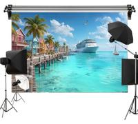 Tropical Cruise Ship Polyester Backdrop 7X5FT, Caribbean Island Port with Colorful Houses and Palm Trees, Ocean Pier Seaside Photography Background, Summer Vacation Beach Party Decorations