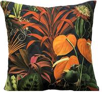 Tropical cushion cover deep jungle anthurium exotic birds printed blue fabric 16"