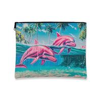 Tropical Dolphin Cosmetic Bag, Peach Dolphins Vintage Coastal Makeup Travel Pouch for Women, Small Canvas Zipper Bag, Summer Gift Toiletry Organizer, Peach, 7x9 Inch, Dolphin