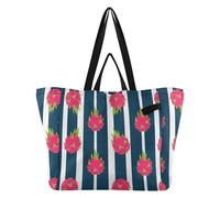 Tropical Dragonfruit Stripes Blue pattern Reusable Canvas Tote Bag, Heavy Duty Grocery Shopping Bag with Hard Bottom Double Handles Large Capacity Work Groceries Travel