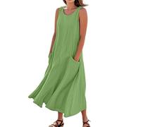 Tropical Dresses Summer Cotton Linen Solid Color Crew Neck Sleeveless Dresses Tunic Tank Dress with Pockets Ladies Black Dress (Green, M)