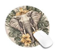 Tropical Elephant Floral Square Desk Mouse Pad, Beige with Yellow Flowers Stitched Edge Mousepad, Rubber Non-Slip Washable Gaming Mouse Pad for Home and Office Computer, Laptop Round 8x8 Inch