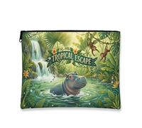 Tropical Escape Makeup Bag, Jungle Animals Cosmetic Travel Pouch for Women, Portable Small Canvas Zipper Organizer, Summer Vacation Toiletry Bag, Green, 7x9 Inch, Hippo