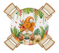 Tropical Fall Round Fitted Table Cover Waterproof Aesthetic Thanksgiving Pumpkin Gnome Hibiscus Leaves Elastic Edged Tablecloth Wipeable Oil Proof Table Cloth for Kitchen Indoor Outdoor, Fits 36"-44"