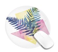 Tropical Fern Watercolor Mouse Pad, Green Blue Botanical Design Stitched Edge Mousemat, Rubber Non-Slip Washable Gaming Mouse Pad for Home and Office Use Round 8x8 Inch