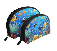 Tropical Fish Coral Undersea World Print Small Purses 2Pcs Portable Coin Purse Makeup Bag Soft Vacation Pouch Change Holder Wallet with Zipper Portable for Shopping Travel Party Cosmetic Bag