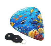 Tropical Fish Coral Undersea World Printed Guitar Picks, 6 Pack with Leather Keychain Pick Holder - 0.46mm, 0.71mm, 0.96mm Assorted Thickness for Acoustic Ukulele, Electric Guitar