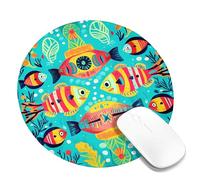 Tropical Fish Square Desk Mouse Pad, Vibrant Aqua Ocean Creatures Art Stitched Edge Mousepad, Rubber Non-Slip Washable Gaming Mouse Pad for Home and Office Computer, Laptop Round 8x8 Inch