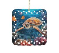 Tropical Fish Starfish Ceramic Christmas Ornament Xmas Tree Hanging Pendant Double Sided Pattern Festive Square Ornament Holiday Home Party Decoration Gifts