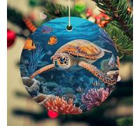 Tropical Fish Starfish Christmas Ceramic Ornaments with Gold String - 2.8 Inch Round Double-Sided Porcelain Xmas Tree Decor for Fireplace Mantel, Farmhouse Winter Holiday Hanging Ornaments
