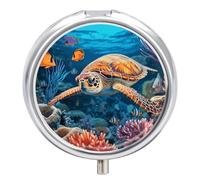 Tropical Fish Starfish Pill Box - 3 Compartment Travel Pill Organizer with Small Mirror, Portable Pillcase for Pocket & Purse, Cute Round Medicine Case, Weekly Medicine Container
