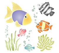 Tropical Fish Stencil - 21.5 x 21.5cm (L) - Reusable Fish Seaweed Corel Kelp Bubbles Wall Stencil Template