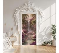 Tropical Flamingo Bird Waterfall Mountain Door Sticker Self-Adhesive 80X200 cm, Palm Trees Plant Jungle Floral Door Stickers Poster Removable Vinyl Wallpaper Poster for Interior Bedroom Decor