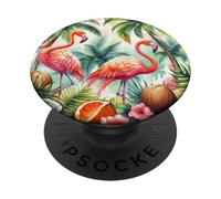 Tropical Flamingo Design, Palm Trees, Hibiscus Flowers PopSockets Adhesive PopGrip