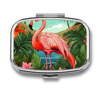 Tropical Flamingo Pill Box Travel Pill Organizer 2 Compartment Weekly Pill Case with Mirror A Day Medicine Container Medicine Organizer for Purse, Pocket, Or Wallet