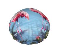 Tropical Flamingos Shower Cap For Women Reusable Double Layers Bathing Bath Cap Hair Caps Waterproof Elastic Band Ladies Spa Salon Shower Hat Hair Caps