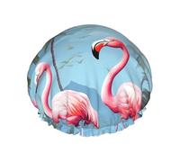 Tropical flamingos Shower Cap Reusable Waterproof Shower Bonnet for Women Men Elastic Band Bath Hair Hat Double Layered Washable Bath Cap for All Hairstyles, Travel-Friendly