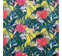 Tropical Floral Bird Digital Print Satin Brocade Fabric, Yellow