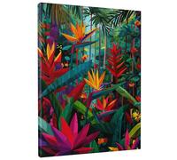 Tropical Floral Canvas Wall Art, Colorful Green Red Bird of Paradise Print, Jungle Wall Decor For Living Room, Bedroom, Office, Wrapped Canvas 16x20 Inch