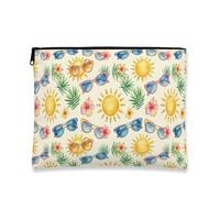 Tropical Floral Cosmetic Bag, Sunglasses and Sun Pattern Makeup Pouch for Women, Portable Canvas Zipper Organizer, Summer Travel Toiletry Bag, Yellow, 7x9 Inch, Sunglasses