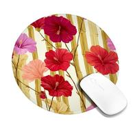 Tropical Floral Desk Mouse Pad, Peach Red Hibiscus Flowers Stitched Edge Mousepad, Rubber Non-Slip Washable Gaming Mouse Pad for Home and Office Computer, Laptop Round 8x8 Inch